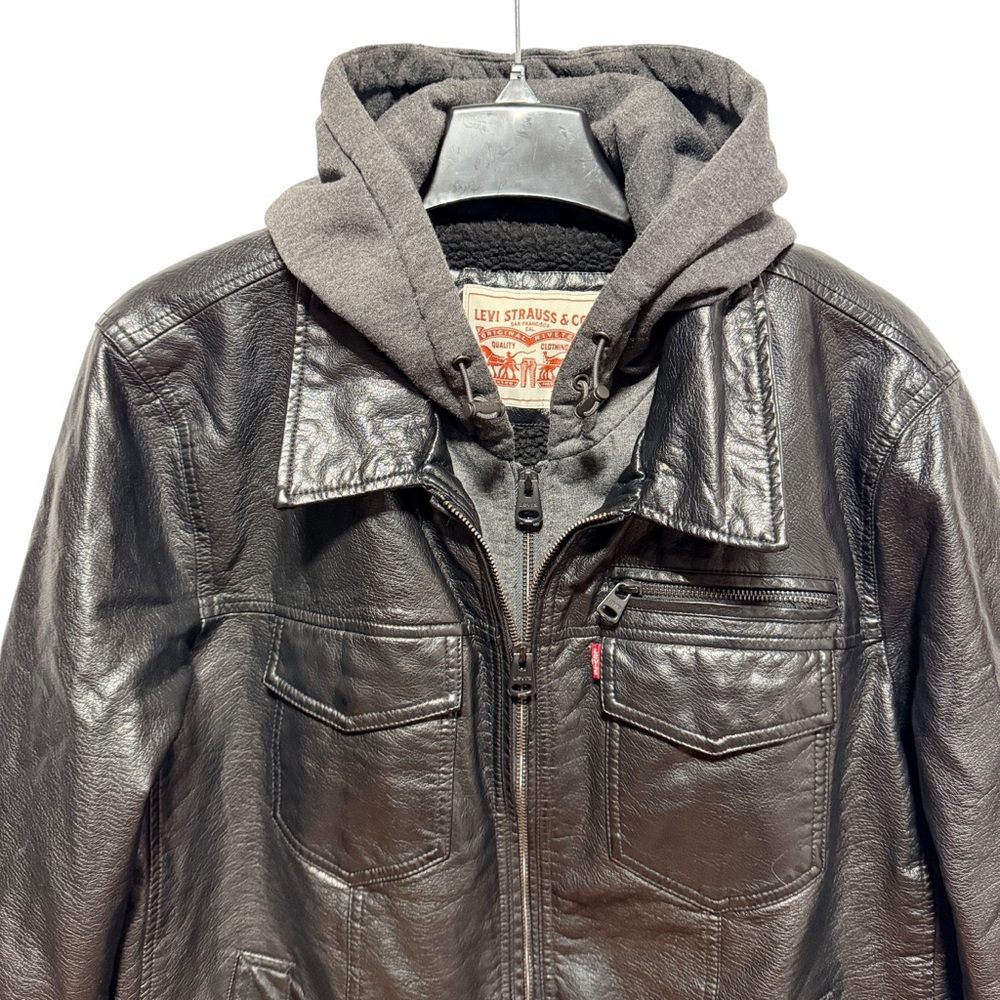 Levi’s Classic Hooded Sherpa Trucker Jacket Black Faux Leather Hoodie Jacket L